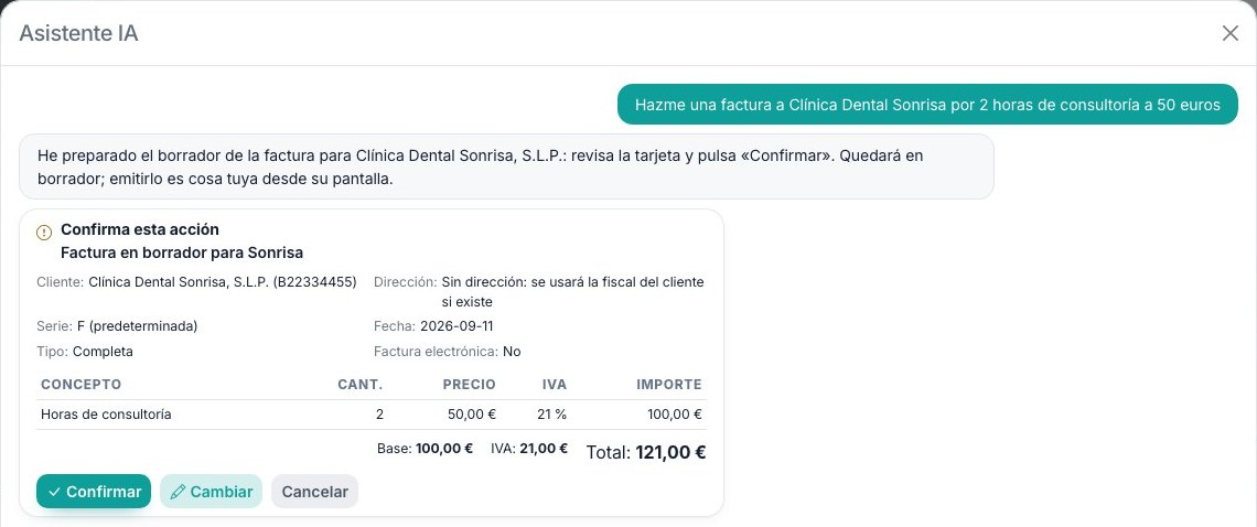 Asistente de IA de Enumera preparando una factura para confirmar