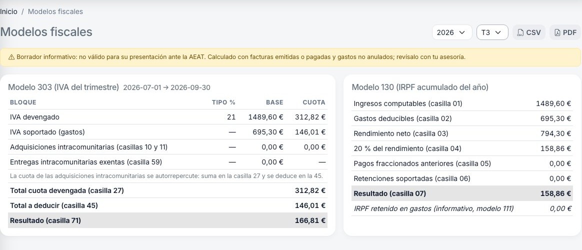Borradores de los modelos 303 y 130 en el software de gestión para pymes Enumera