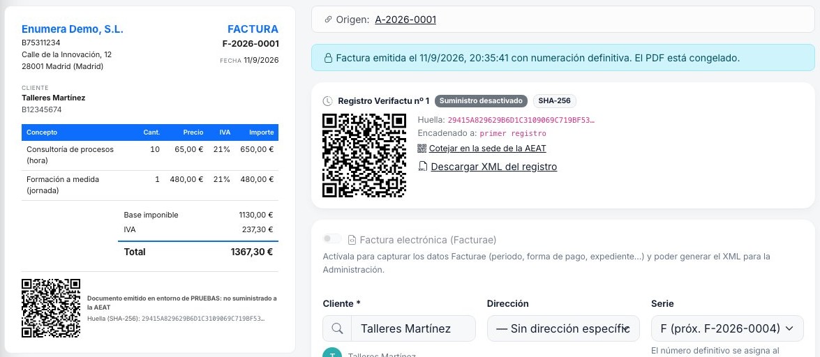 Programa Verifactu de Enumera: factura con registro encadenado, huella y QR para la AEAT