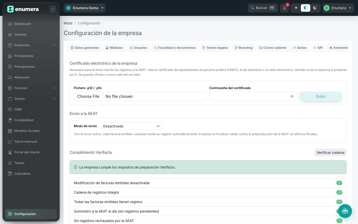 Configuración de Verifactu en Enumera, software de gestión para pymes