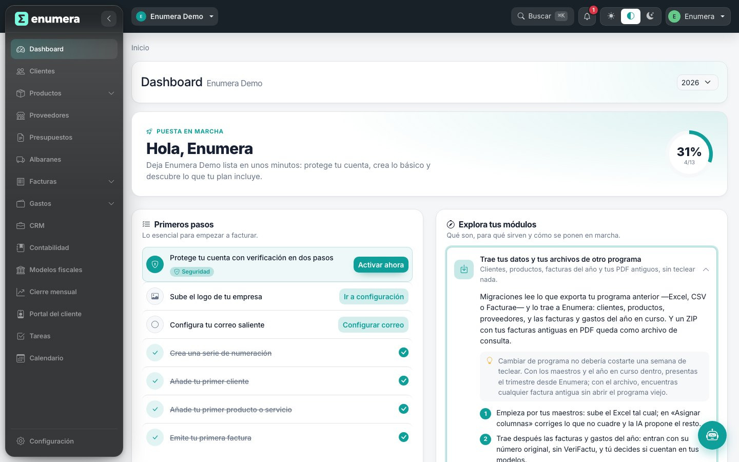 Panel de Enumera, el programa de facturación con precio desde 0 € y Verifactu incluido