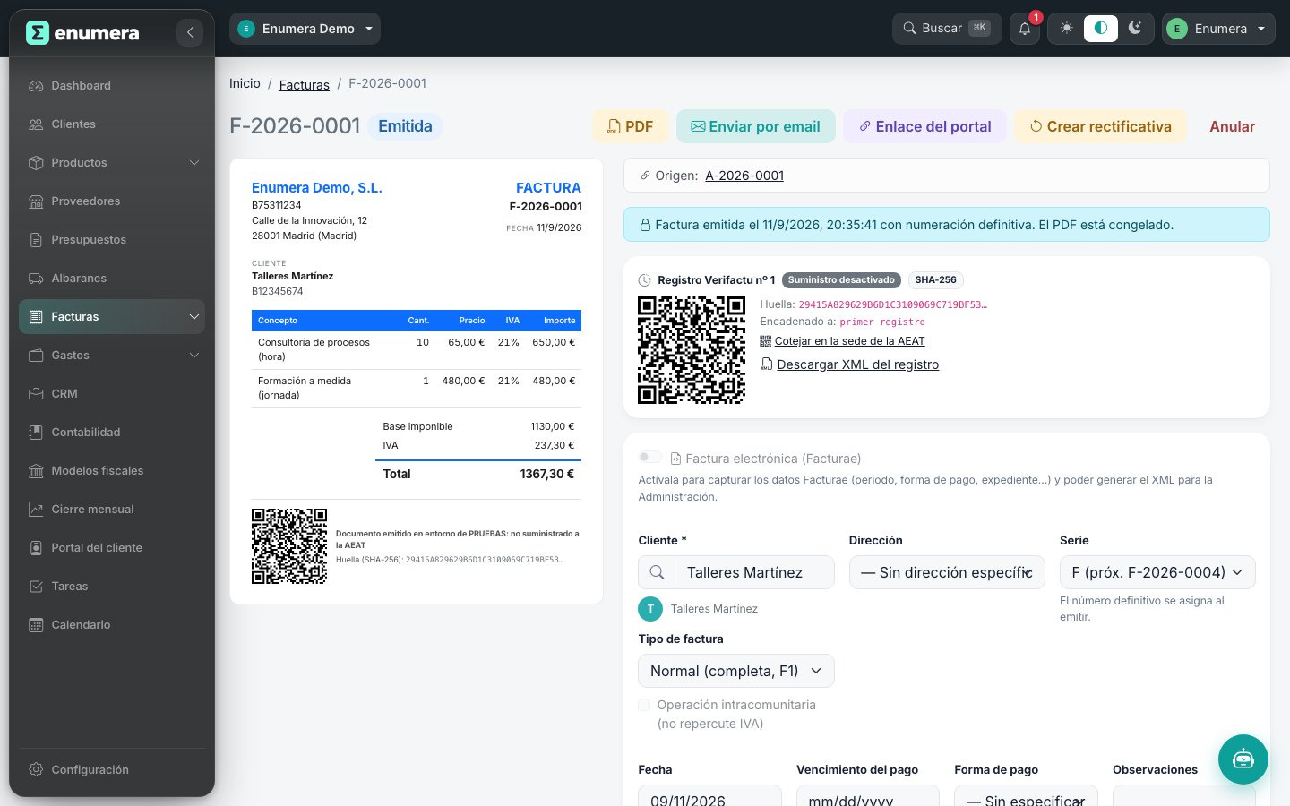 Factura con registro Verifactu y código QR en el programa de facturación Enumera