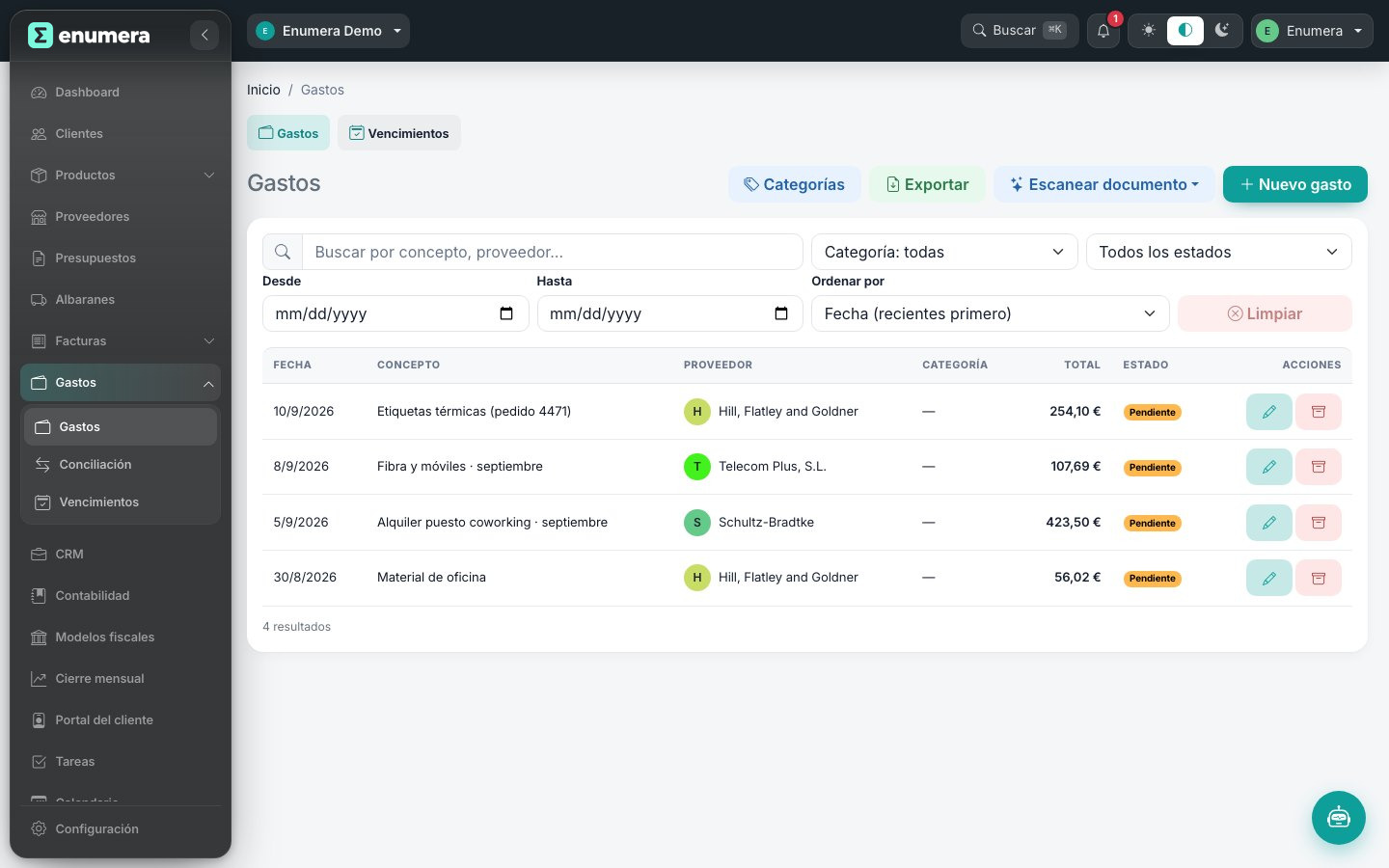 Gastos con lectura OCR en Enumera, el software de gestión para pymes