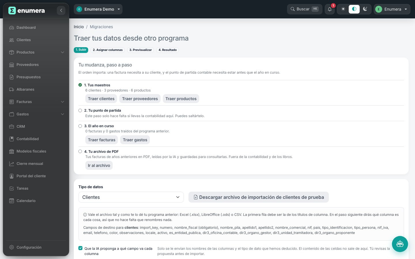 Migración de datos al programa de facturación Enumera desde otro programa