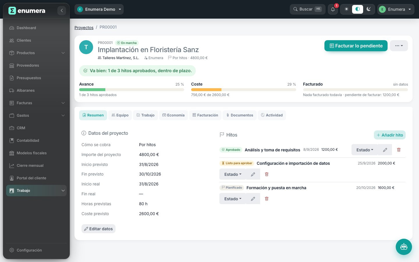 Ficha de proyecto en Enumera con horas, costes y margen