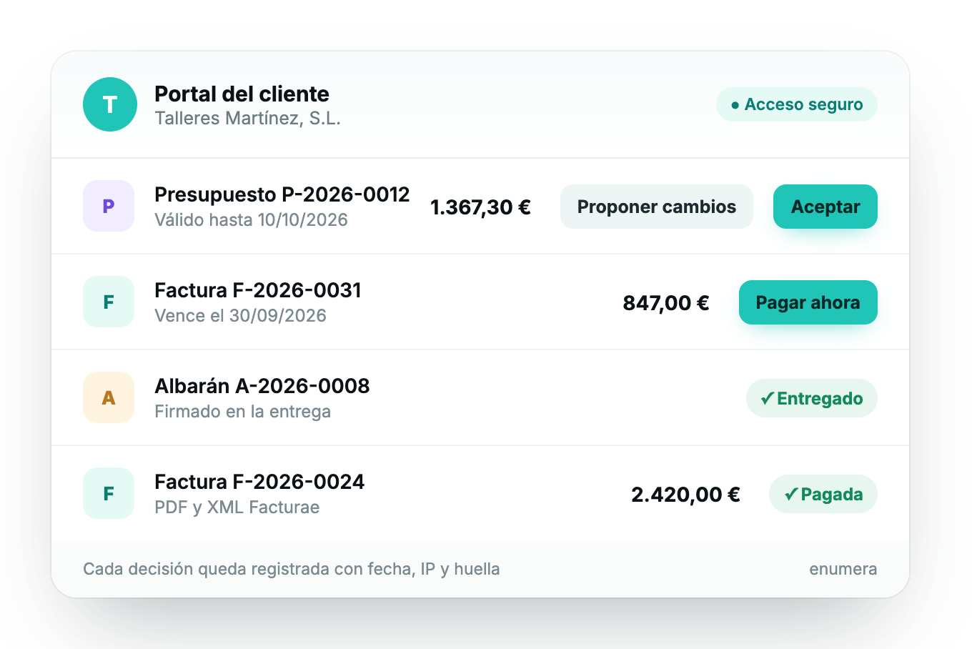 Portal del cliente de Enumera: aceptar presupuestos y pagar facturas