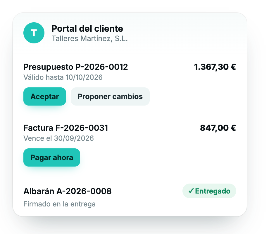 Portal del cliente del programa de facturación Enumera con presupuesto, factura y albarán