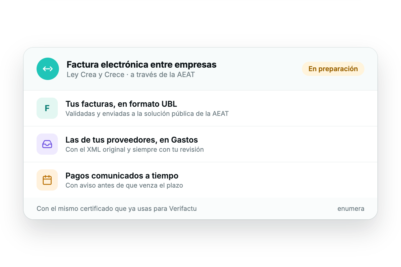 Factura electrónica entre empresas en Enumera, en preparación: emisión en UBL, recibidas en Gastos y pagos comunicados