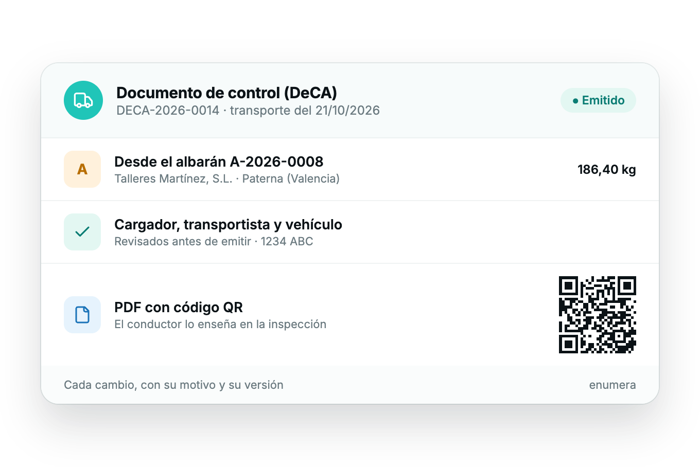 Documento de control (DeCA) creado en Enumera desde un albarán, con su PDF y su código QR